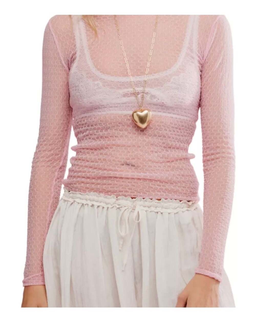 Pink Free People Intimately Minding My Business Sheer Mesh Long Sleeve Top